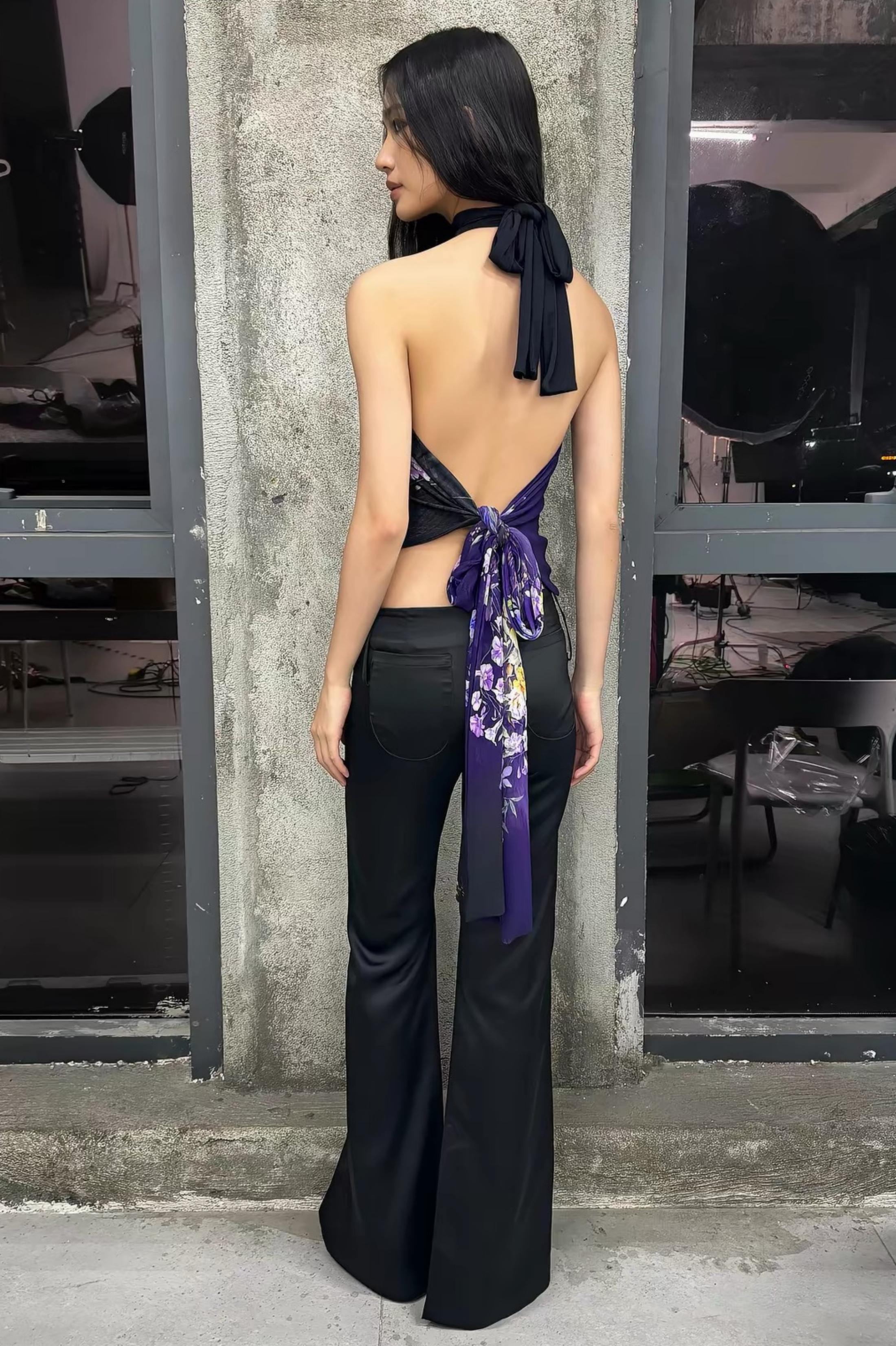 Black Floral Backless Halter Top