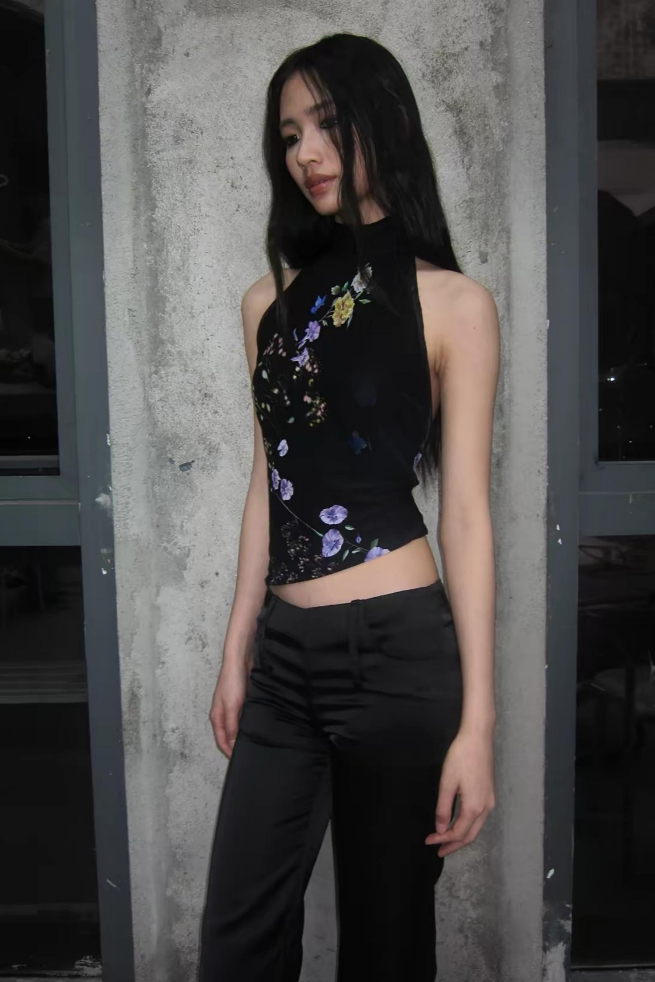 Black Floral Backless Halter Top