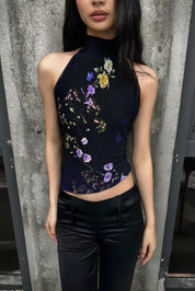 Black Floral Backless Halter Top