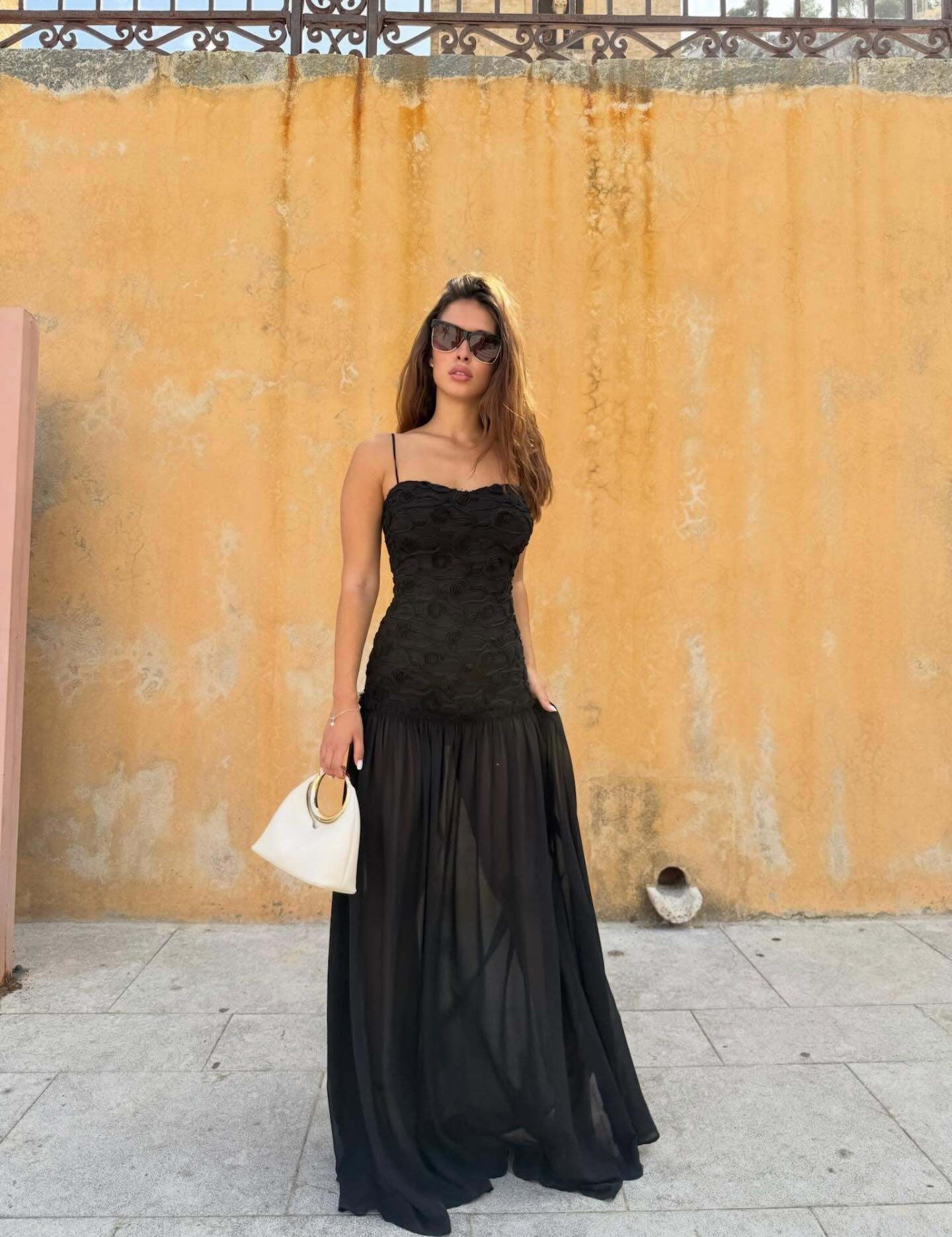 Floral Rosette Strapless Chiffon Maxi Dress
