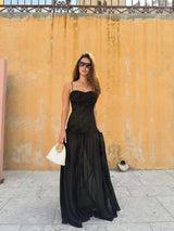 Floral Rosette Strapless Chiffon Maxi Dress