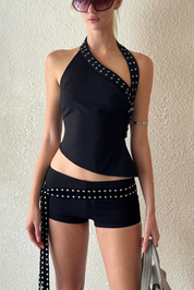 Black Grommet Halter Asymmetric Two-Piece Set