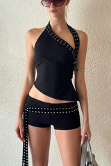 Black Grommet Halter Asymmetric Two-Piece Set