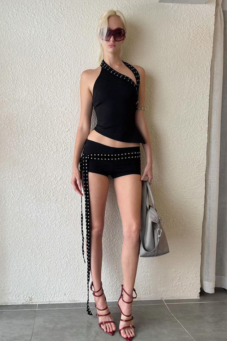 Black Grommet Halter Asymmetric Two-Piece Set