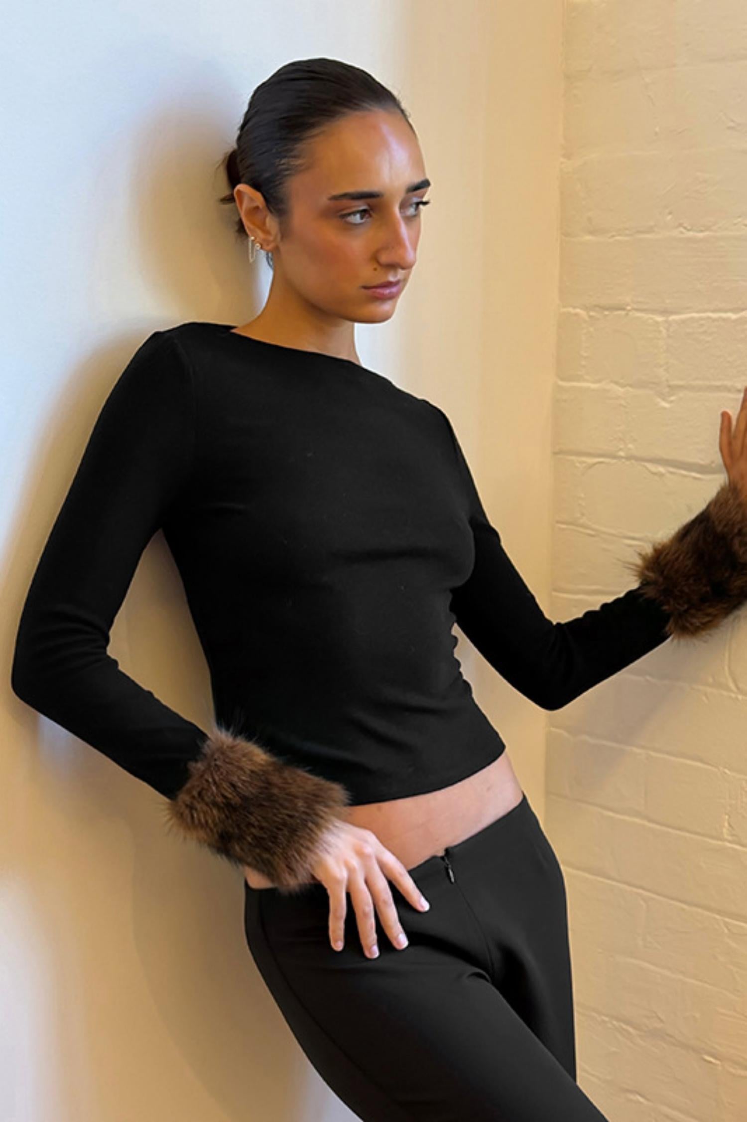 Faux Fur Trim Long Sleeve Fitted Crop