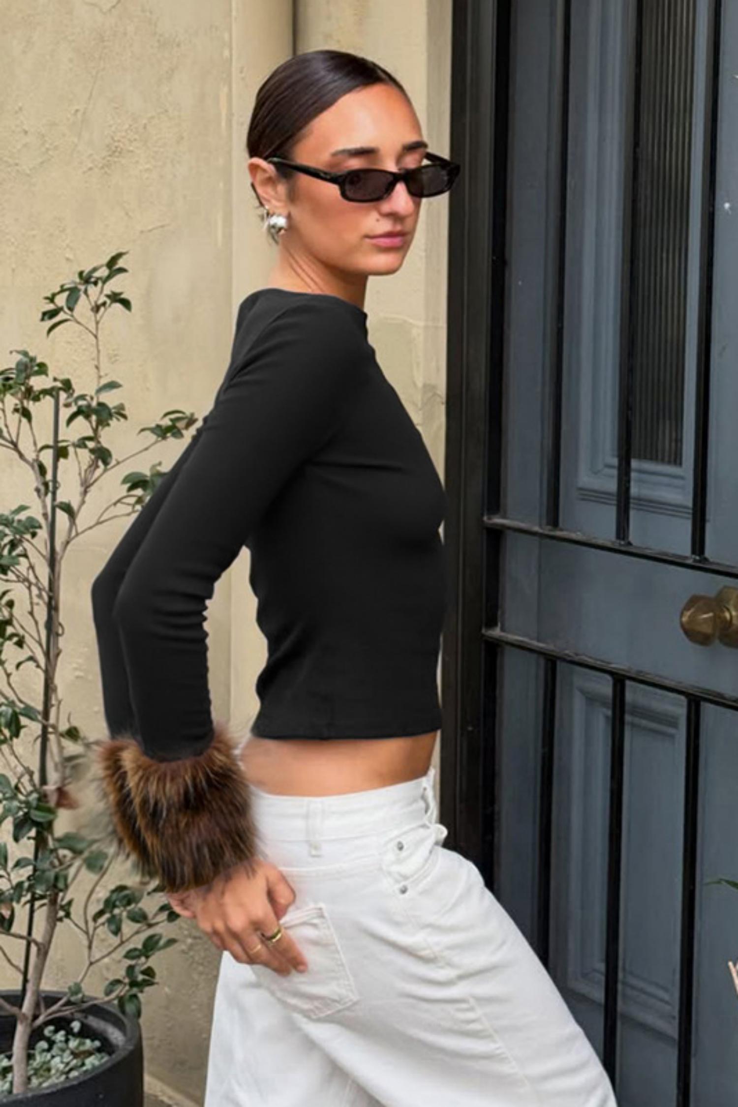 Faux Fur Trim Long Sleeve Fitted Crop