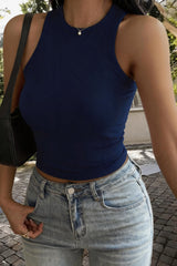 Black Ribbed Knit High Neck Crop Tank Top