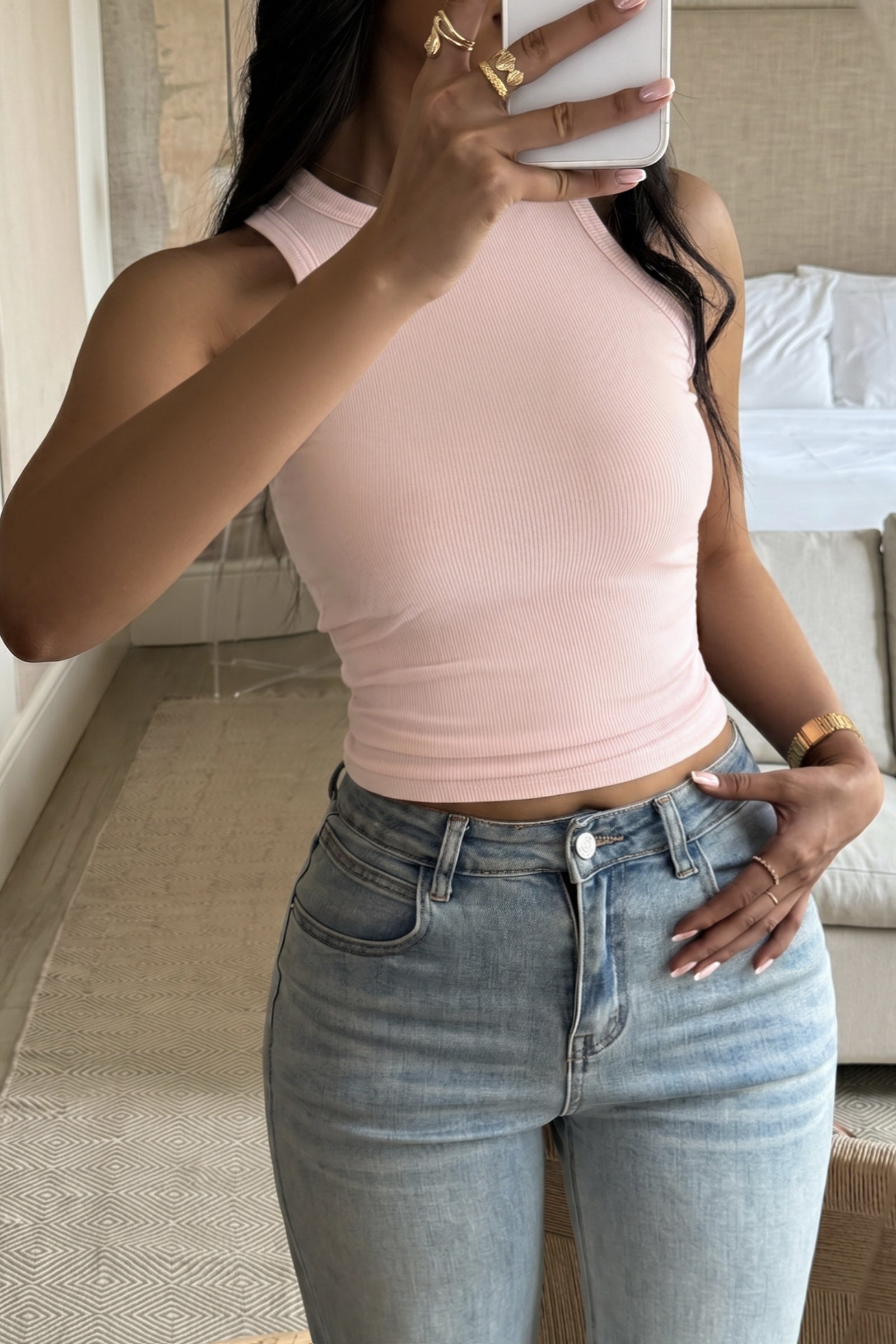 Black Ribbed Knit High Neck Crop Tank Top