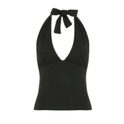 Ruched Halter Deep V Tie-Back Top
