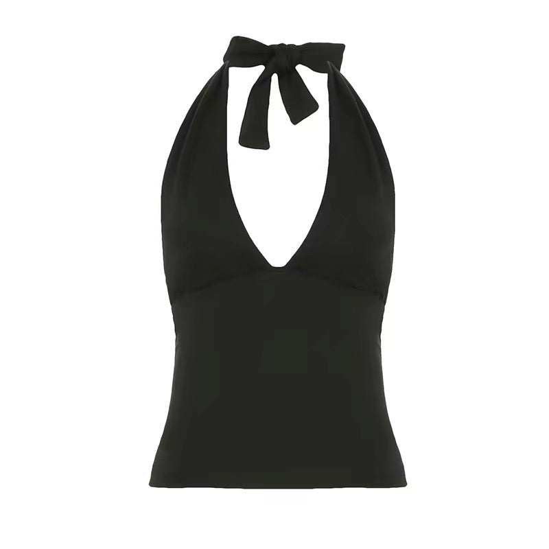 Ruched Halter Deep V Tie-Back Top