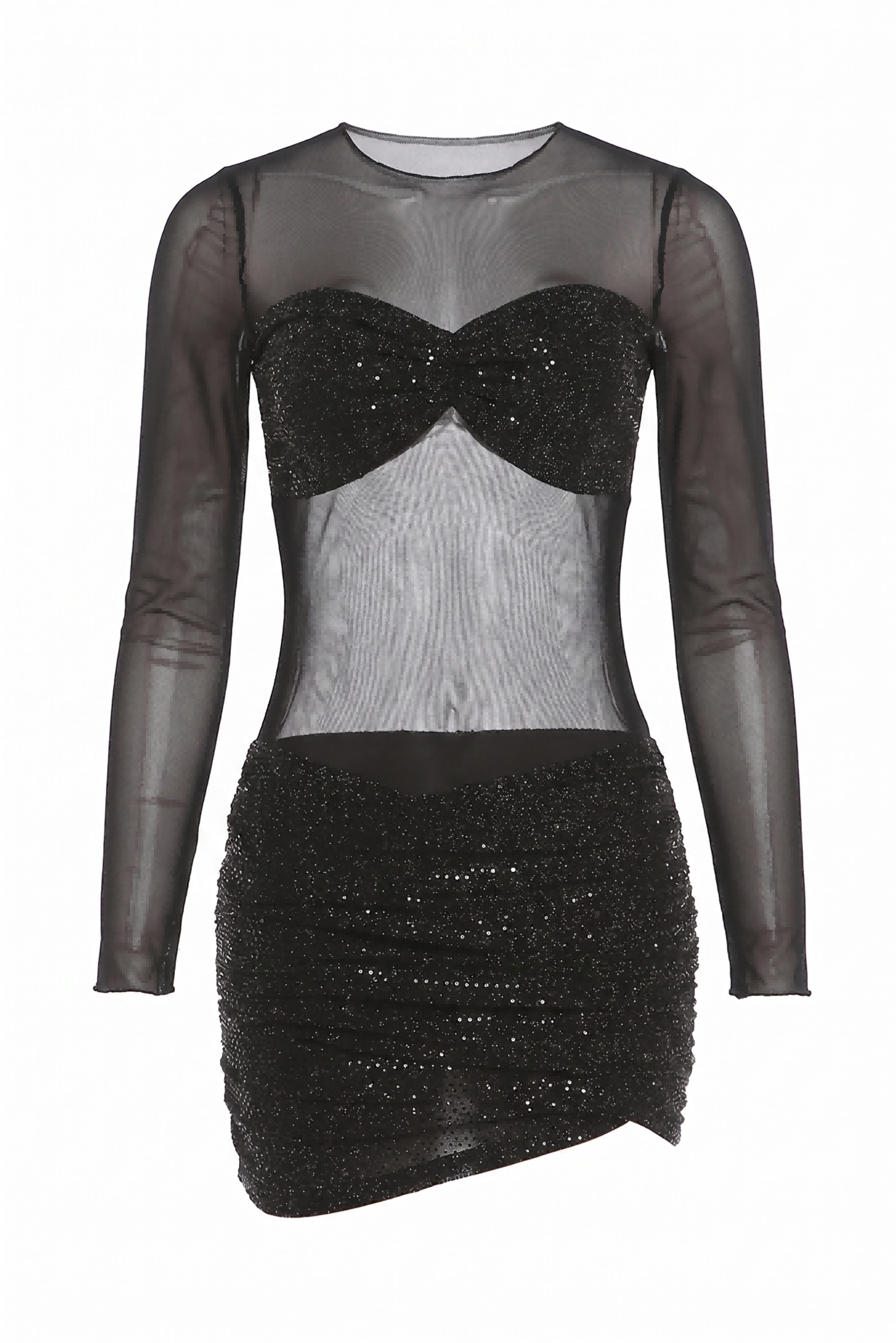 Black Sequin Mesh Long Sleeve Mini Dress