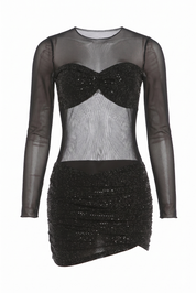 Black Sequin Mesh Long Sleeve Mini Dress