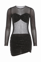 Black Sequin Mesh Long Sleeve Mini Dress