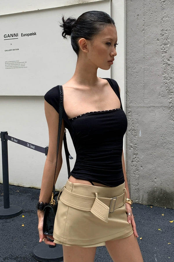 Studded Trim Square Neck Ruched Top