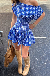 Vintage Blue Gingham Off-the-Shoulder Mini Dress