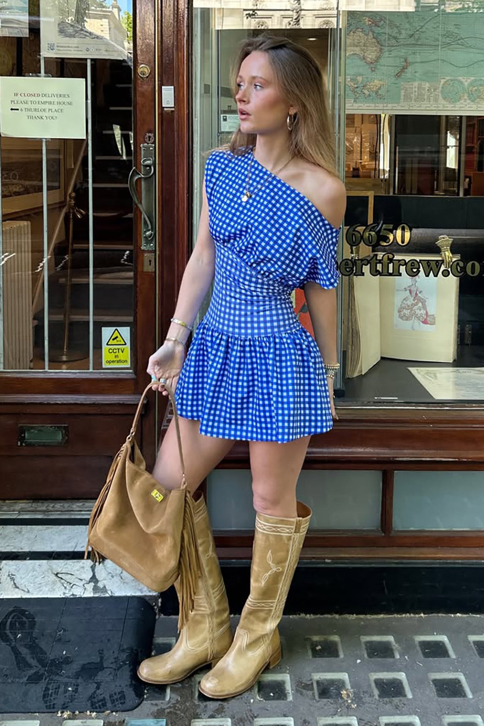 Vintage Blue Gingham Off-the-Shoulder Mini Dress