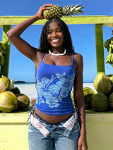 Blue Hibiscus Print Tropical Cami Top