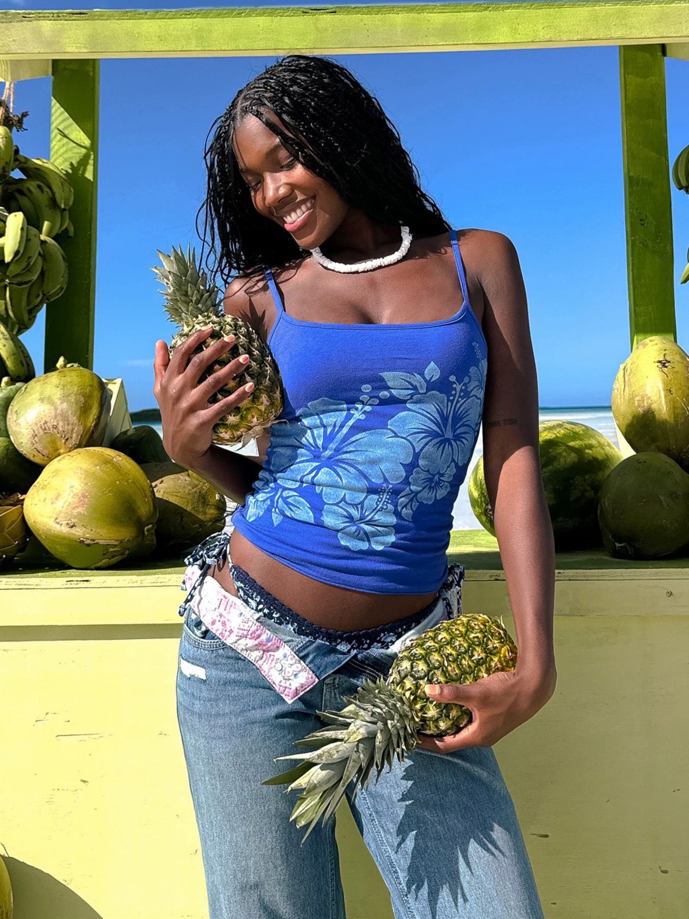 Blue Hibiscus Print Tropical Cami Top