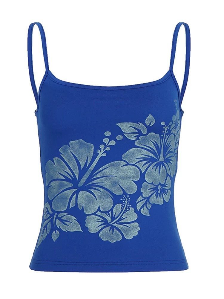 Blue Hibiscus Print Tropical Cami Top