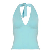 Ruched Halter Deep V Tie-Back Top