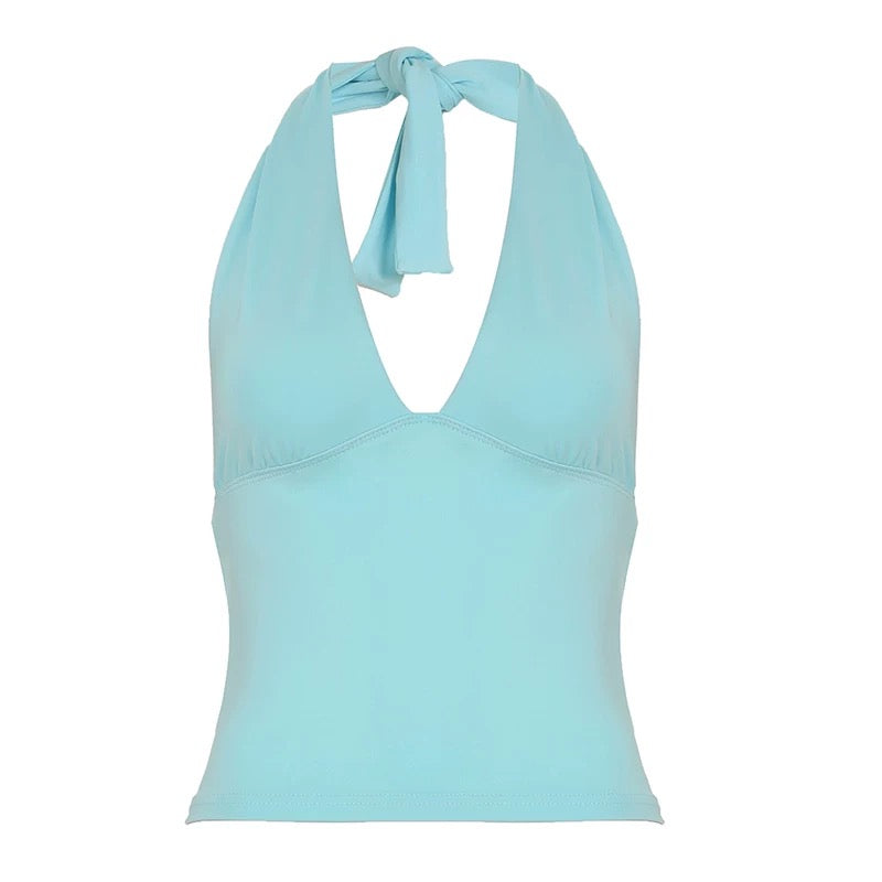 Ruched Halter Deep V Tie-Back Top