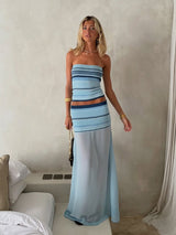 Striped Knit Tube Top & Chiffon Maxi Skirt Set