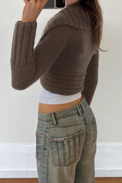Brown Buckle Front Cropped Knit Cardigan