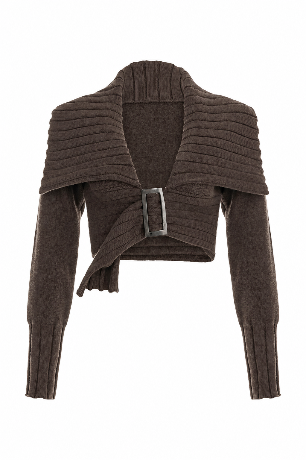 Brown Buckle Front Cropped Knit Cardigan