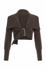 Brown Buckle Front Cropped Knit Cardigan