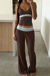 Brown Lace Trim Cami and Flare Pants Set