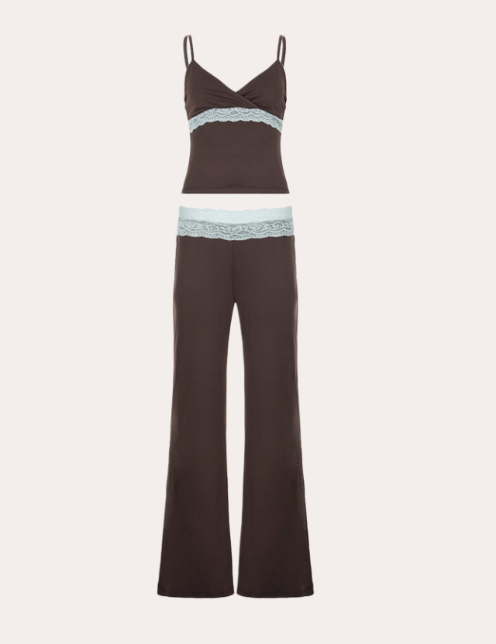 Brown Lace Trim Cami and Flare Pants Set