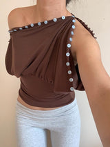 Brown Multi-Way Button Drape Crop Top