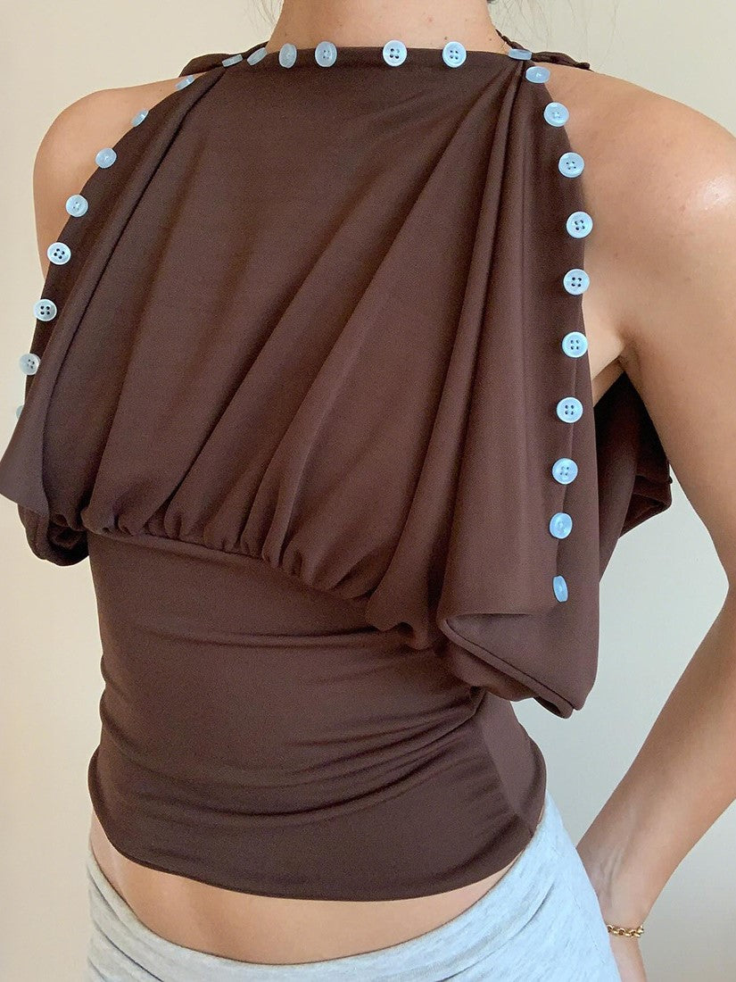 Brown Multi-Way Button Drape Crop Top
