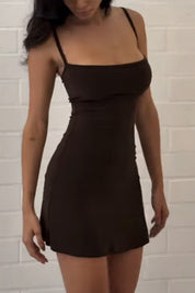 Brown Scoop Neck Spaghetti Strap Mini Dress