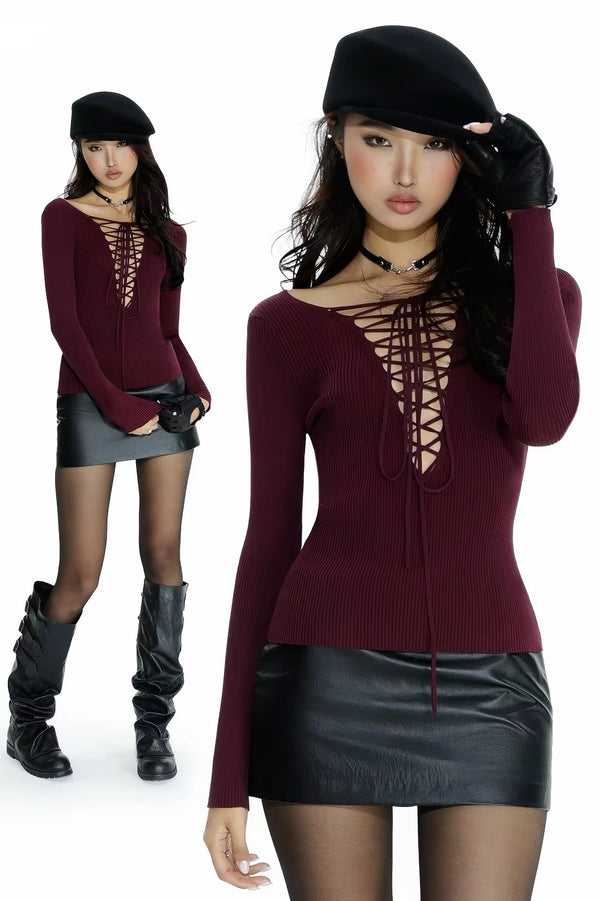 Burgundy Ribbed Long Sleeve Knit Top