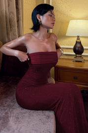 Burgundy Strapless Pleated Glitter Long Maxi Dress