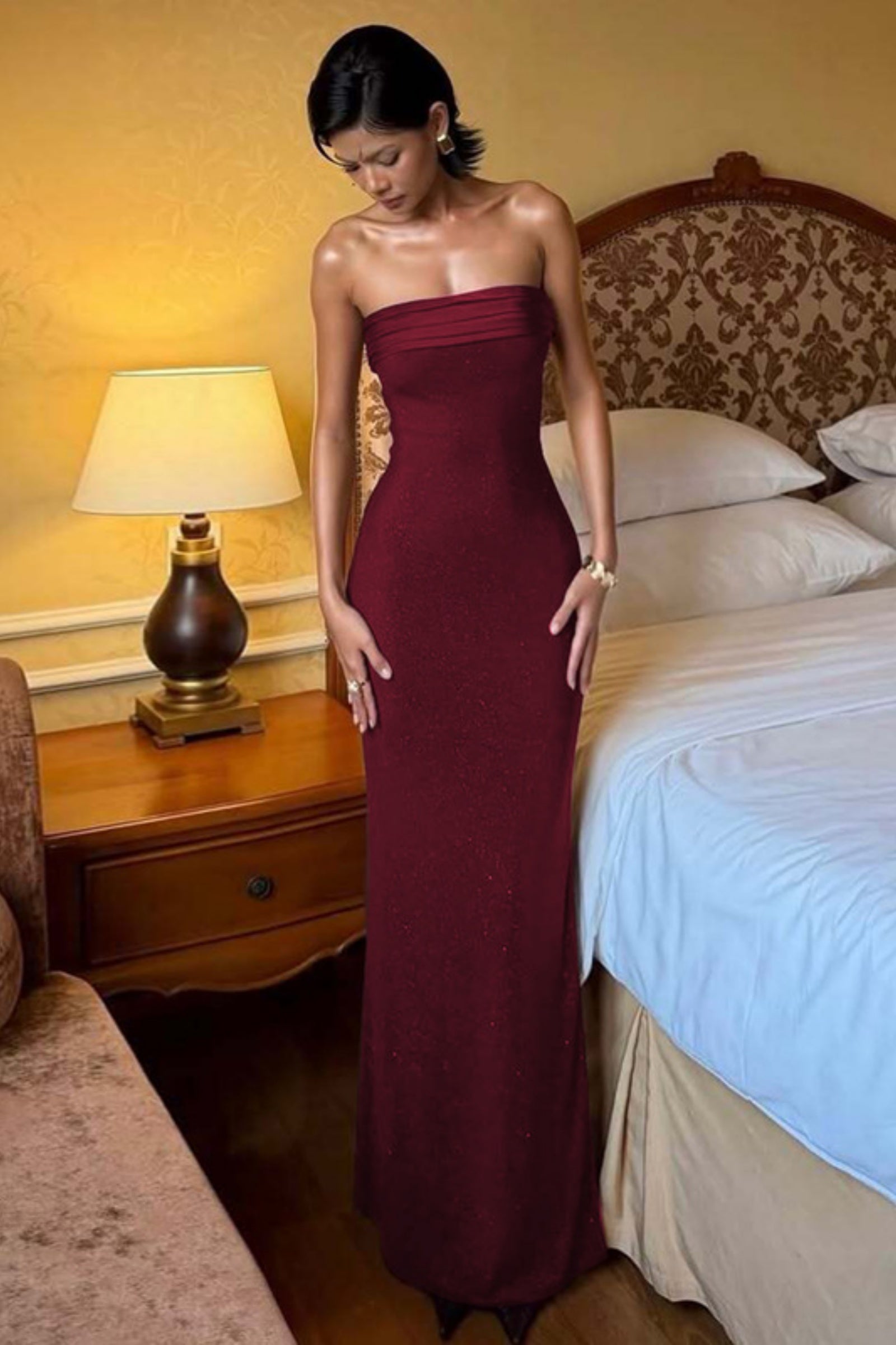 Burgundy Strapless Pleated Glitter Long Maxi Dress