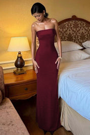 Burgundy Strapless Pleated Glitter Long Maxi Dress