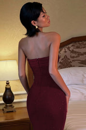 Burgundy Strapless Pleated Glitter Long Maxi Dress