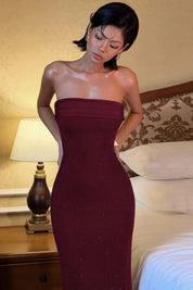 Burgundy Strapless Pleated Glitter Long Maxi Dress
