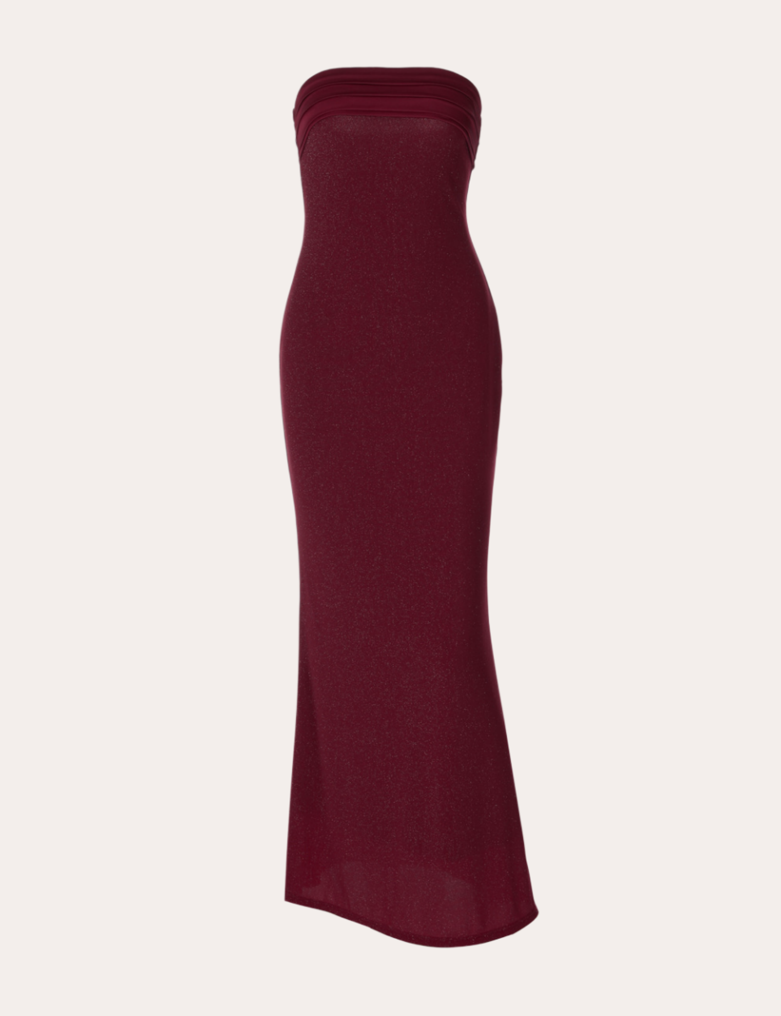 Burgundy Strapless Pleated Glitter Long Maxi Dress