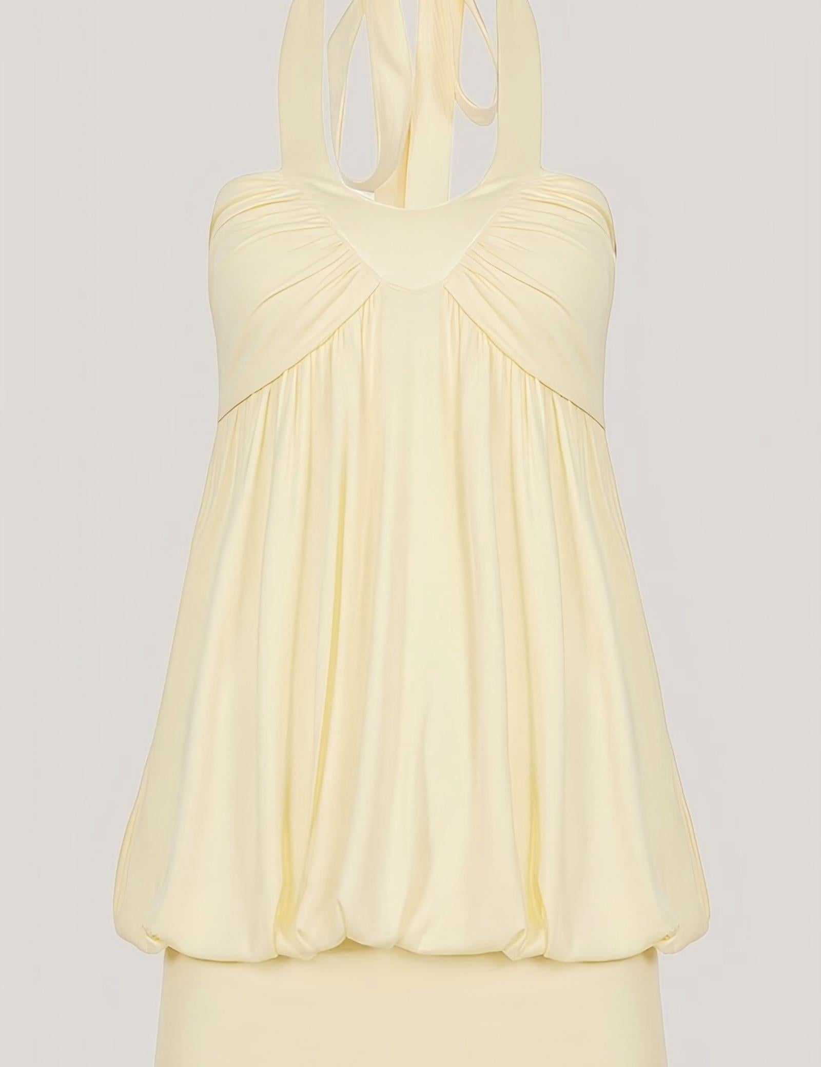Butter Yellow Halter Ruched Bubble Hem Babydoll Top