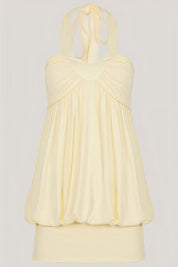 Butter Yellow Halter Ruched Bubble Hem Babydoll Top