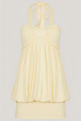 Butter Yellow Halter Ruched Bubble Hem Babydoll Top