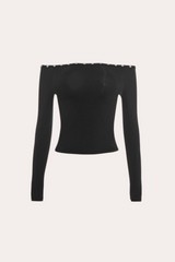 Button Trim Off-Shoulder Long Sleeve Crop Top