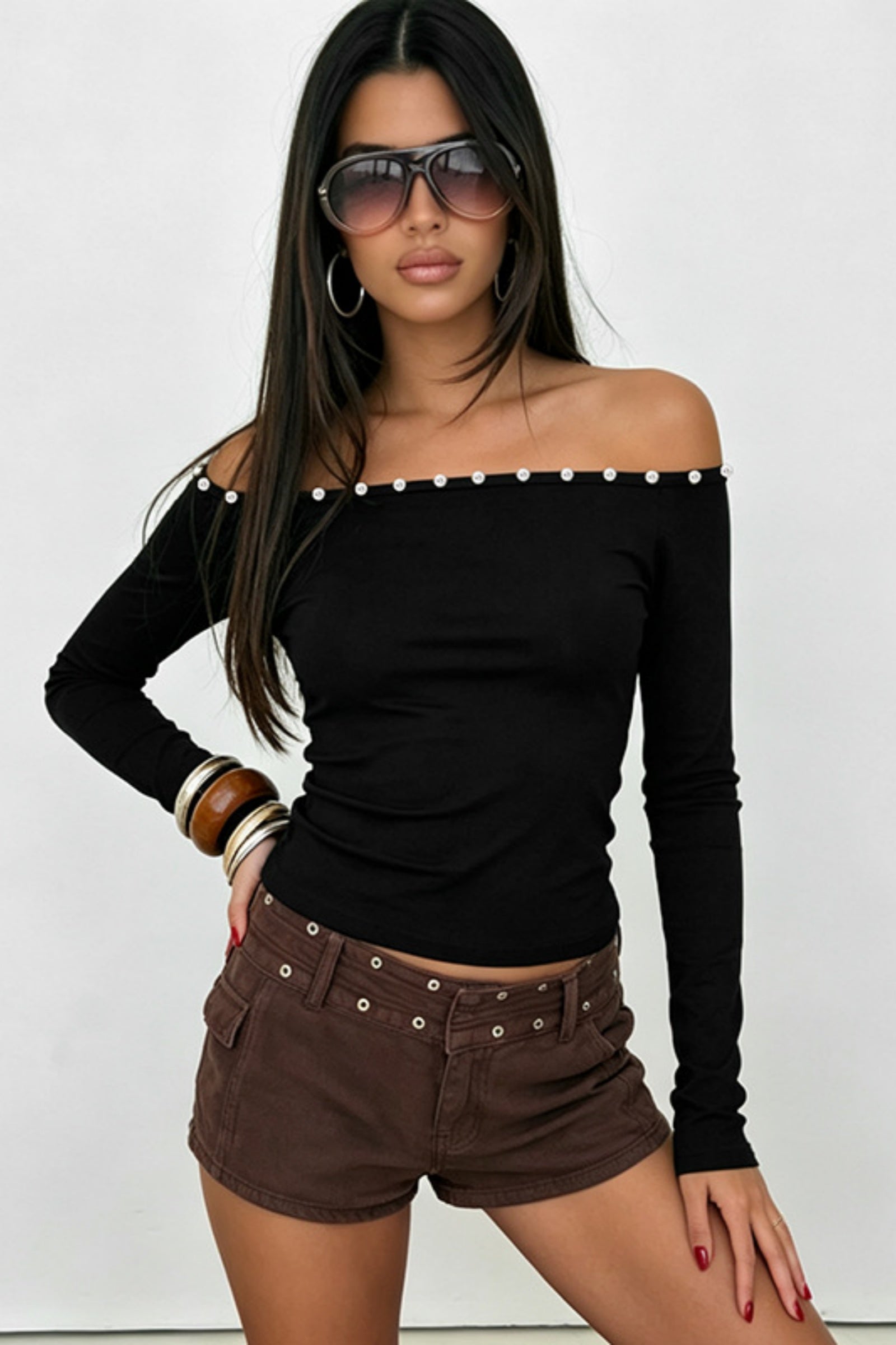 Button Trim Off-Shoulder Long Sleeve Crop Top