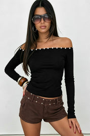 Button Trim Off-Shoulder Long Sleeve Crop Top
