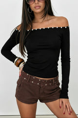 Button Trim Off-Shoulder Long Sleeve Crop Top