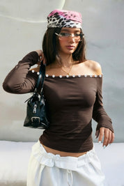 Button Trim Off-Shoulder Long Sleeve Crop Top