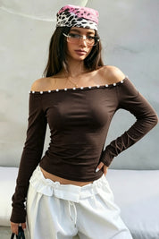 Button Trim Off-Shoulder Long Sleeve Crop Top